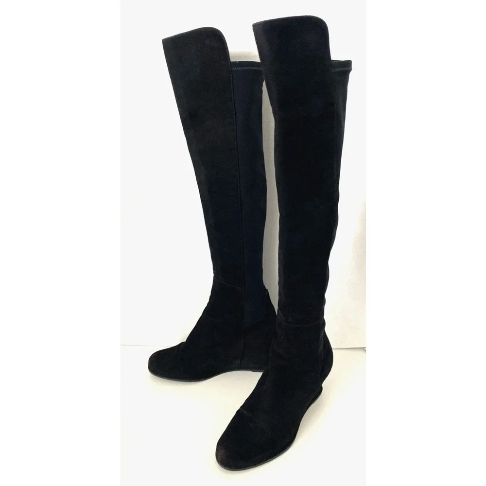 Stuart Weitzman Semi Boot Tall Stretch Back Suede Wedge Round Black OTK 5